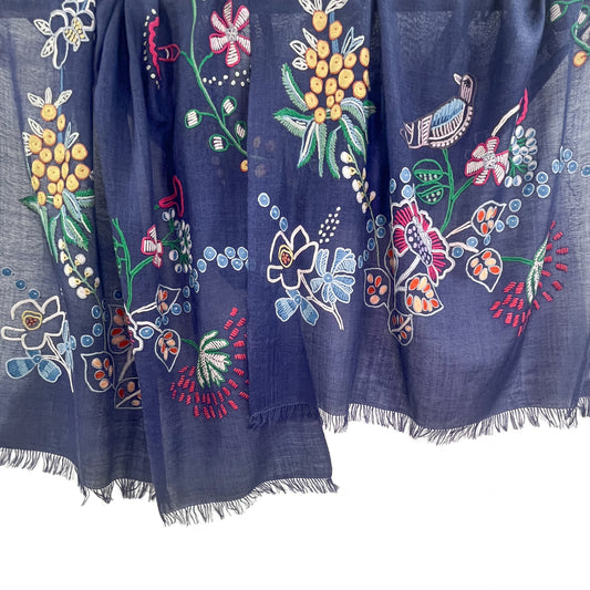 Botanical pattern, thin wool &amp; silk, Ally hand embroidered stole, 60cm x 195cm (fuchsia pink), S-WTA3033_0034