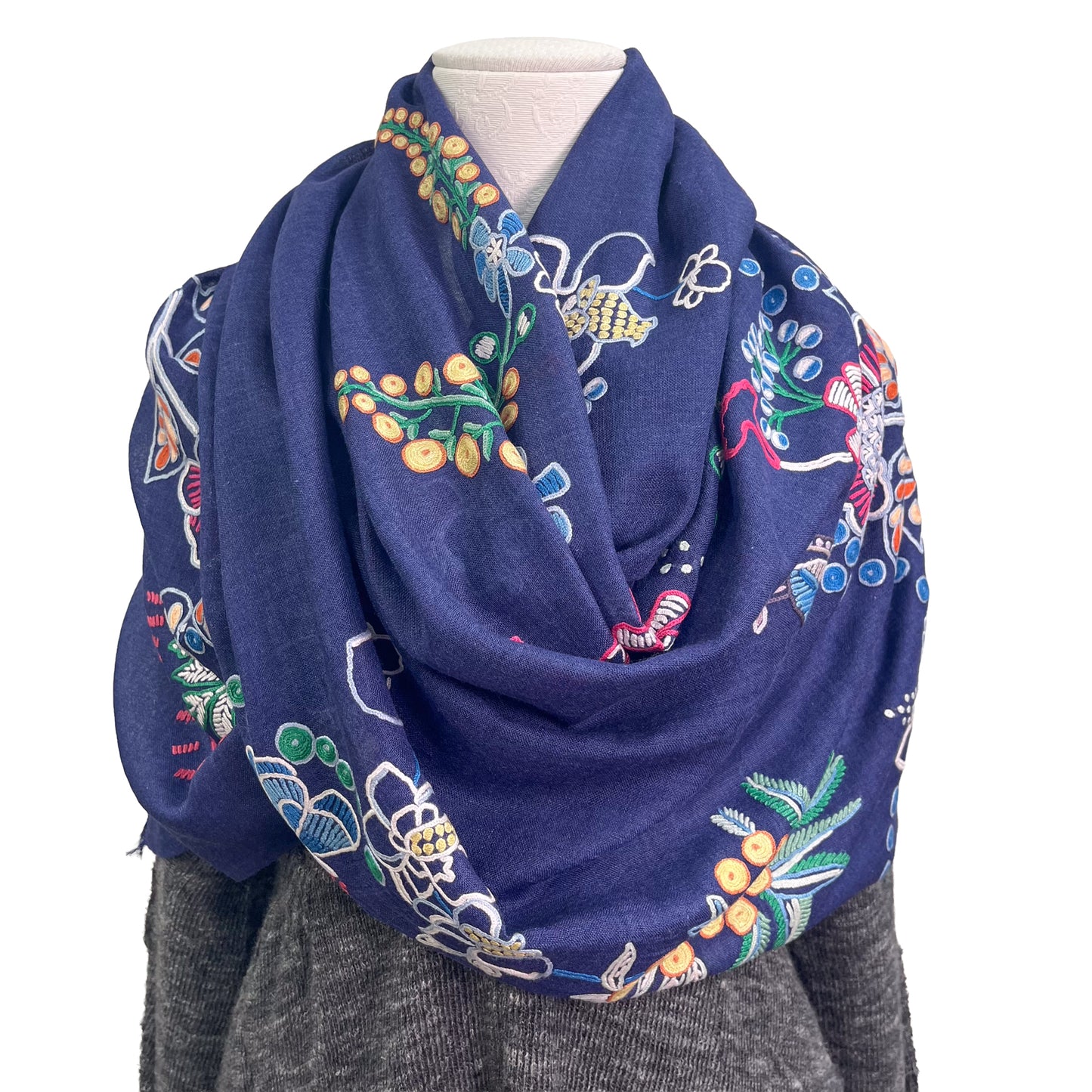 Botanical pattern, thin wool &amp; silk, Ally hand embroidered stole, 60cm x 195cm (fuchsia pink), S-WTA3033_0034