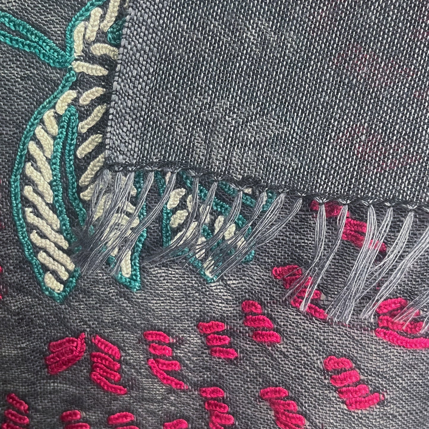 Botanical pattern, thin wool &amp; silk, Ally hand embroidered stole, 60cm x 195cm (fuchsia pink), S-WTA3033_0034