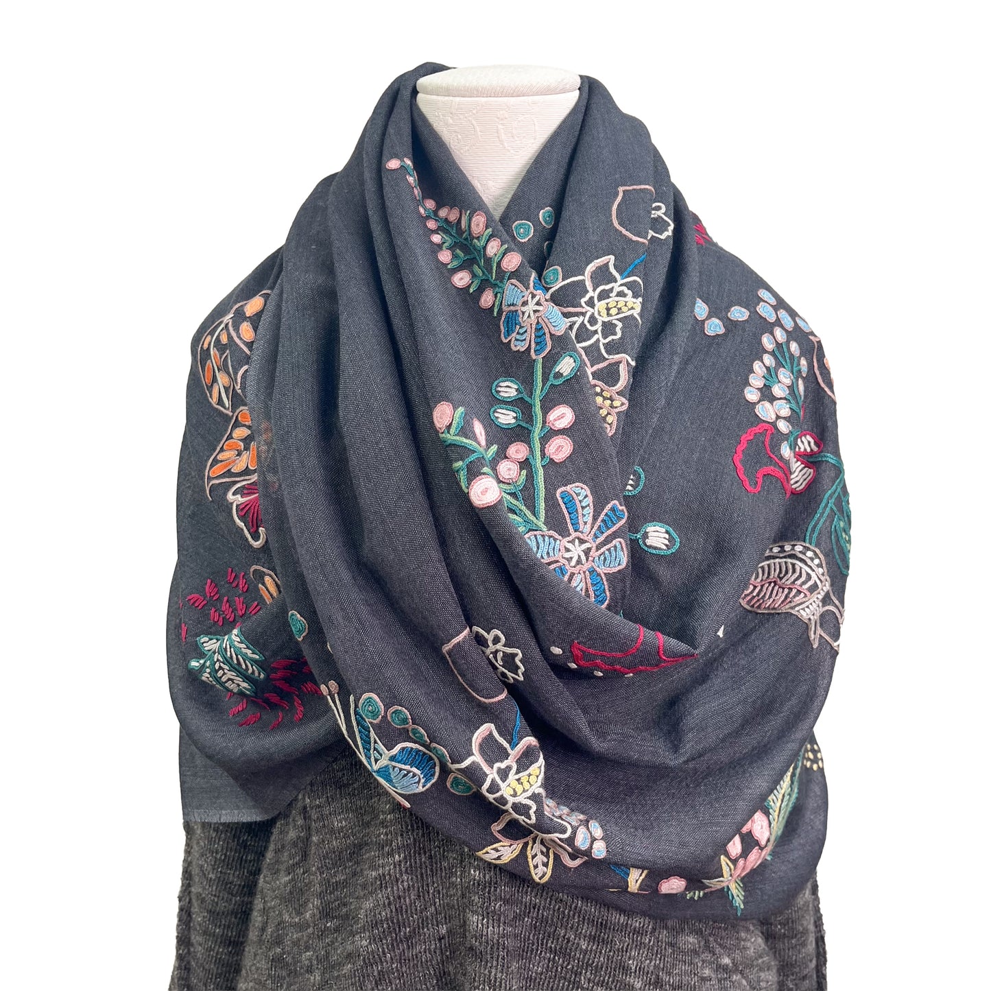 Botanical pattern, thin wool &amp; silk, Ally hand embroidered stole, 60cm x 195cm (fuchsia pink), S-WTA3033_0034