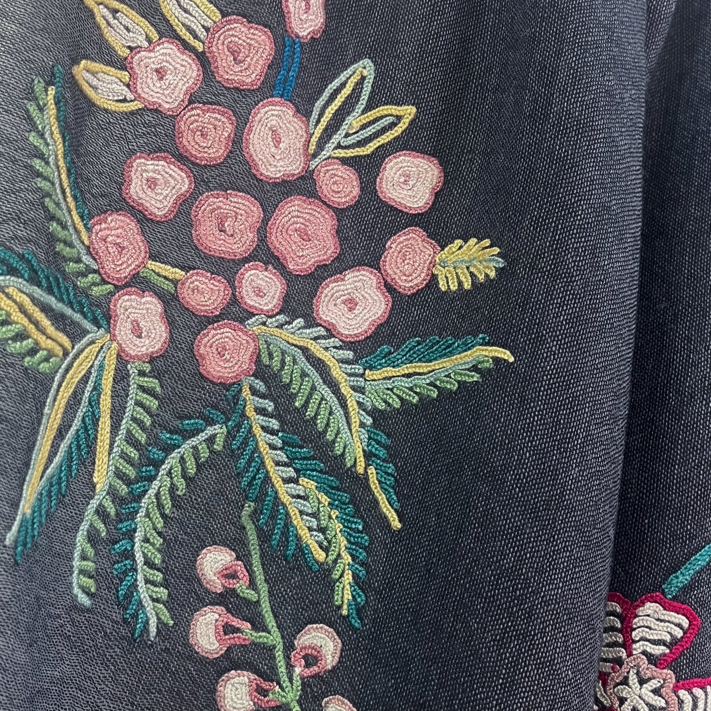 Botanical pattern, thin wool &amp; silk, Ally hand embroidered stole, 60cm x 195cm (fuchsia pink), S-WTA3033_0034