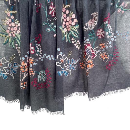 Botanical pattern, thin wool &amp; silk, Ally hand embroidered stole, 60cm x 195cm (fuchsia pink), S-WTA3033_0034