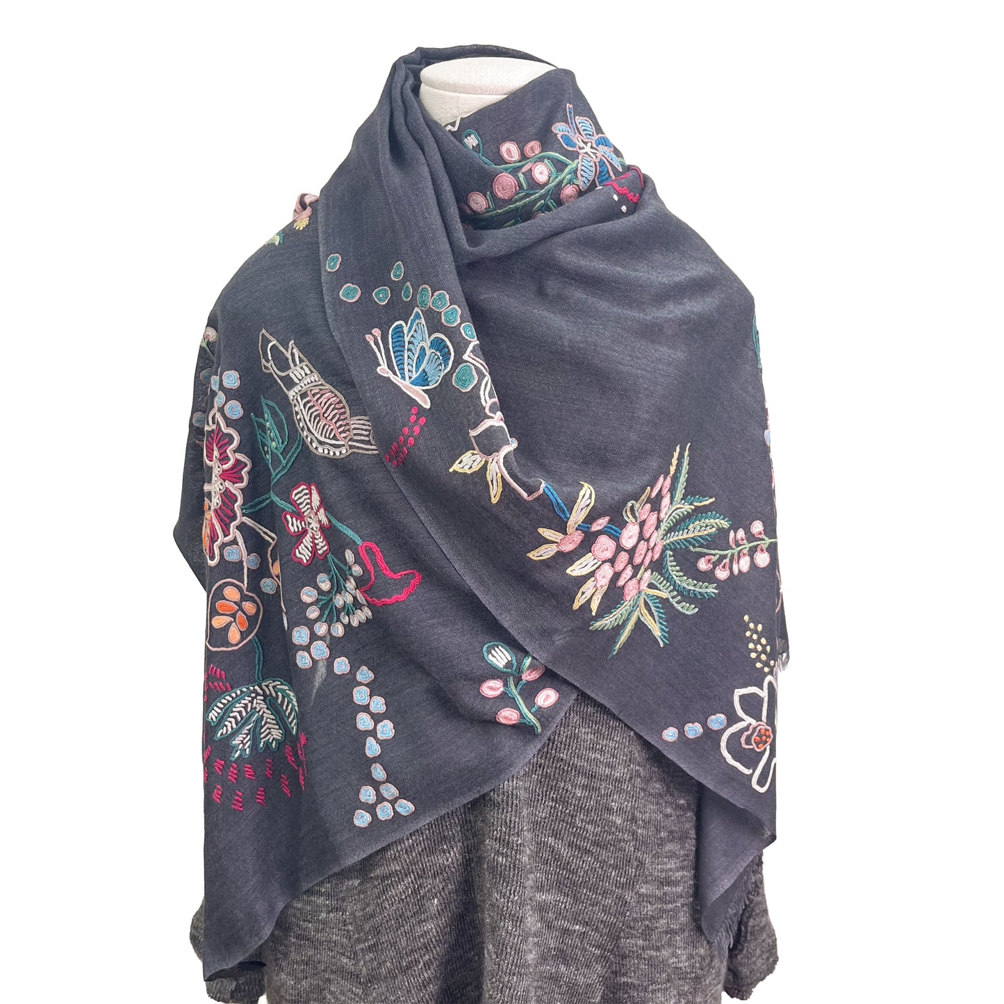 Botanical pattern, thin wool &amp; silk, Ally hand embroidered stole, 60cm x 195cm (fuchsia pink), S-WTA3033_0034