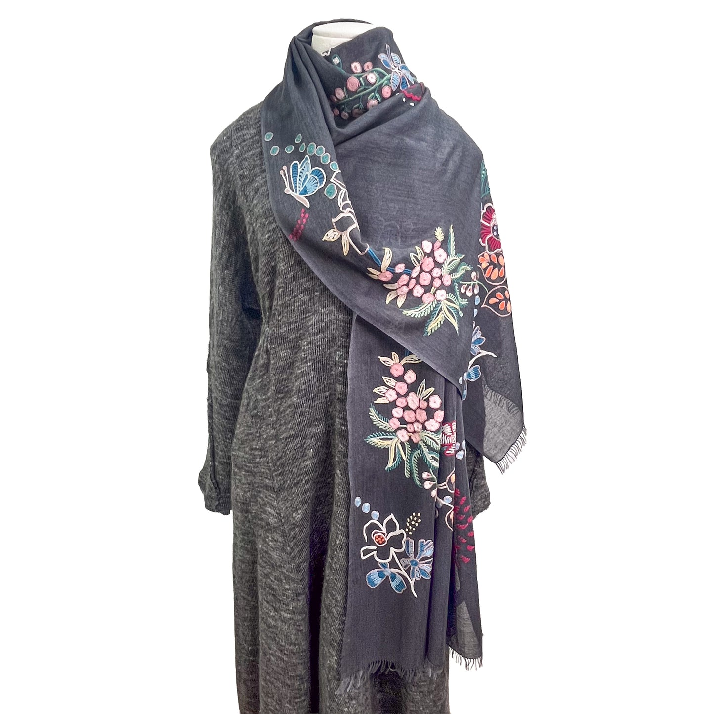 Botanical pattern, thin wool &amp; silk, Ally hand embroidered stole, 60cm x 195cm (fuchsia pink), S-WTA3033_0034