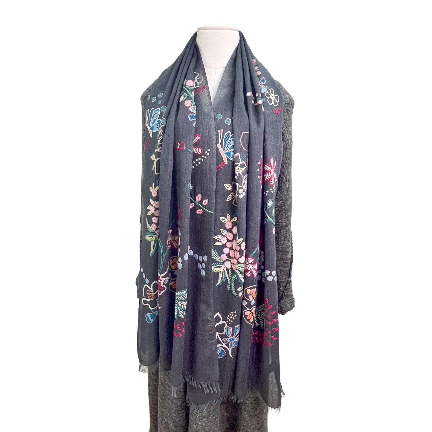 Botanical pattern, thin wool &amp; silk, Ally hand embroidered stole, 60cm x 195cm (fuchsia pink), S-WTA3033_0034