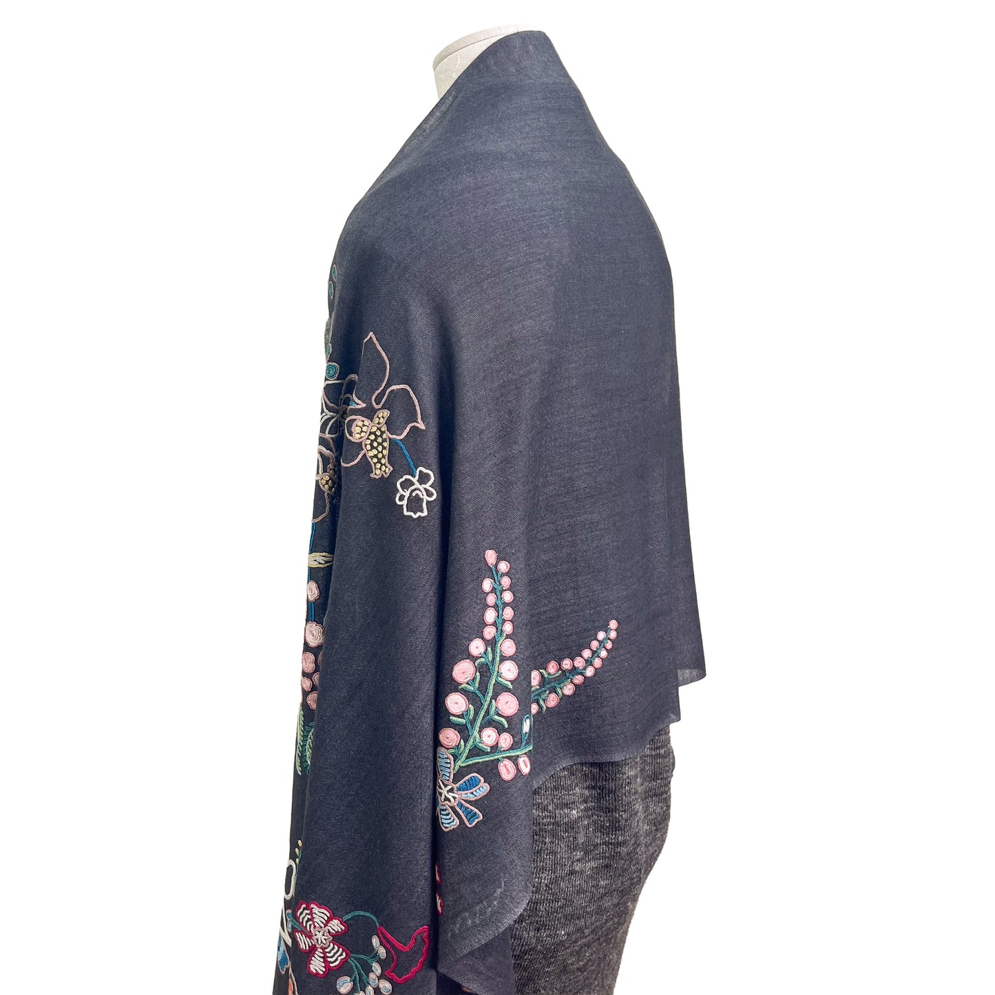 Botanical pattern, thin wool &amp; silk, Ally hand embroidered stole, 60cm x 195cm (fuchsia pink), S-WTA3033_0034