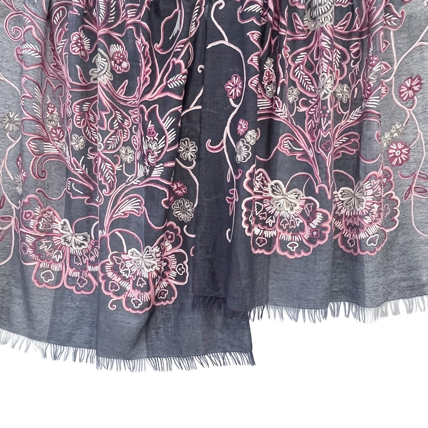 薄手ウール&シルク素材 アリー手刺繍ストール (パープリッシュグレー)