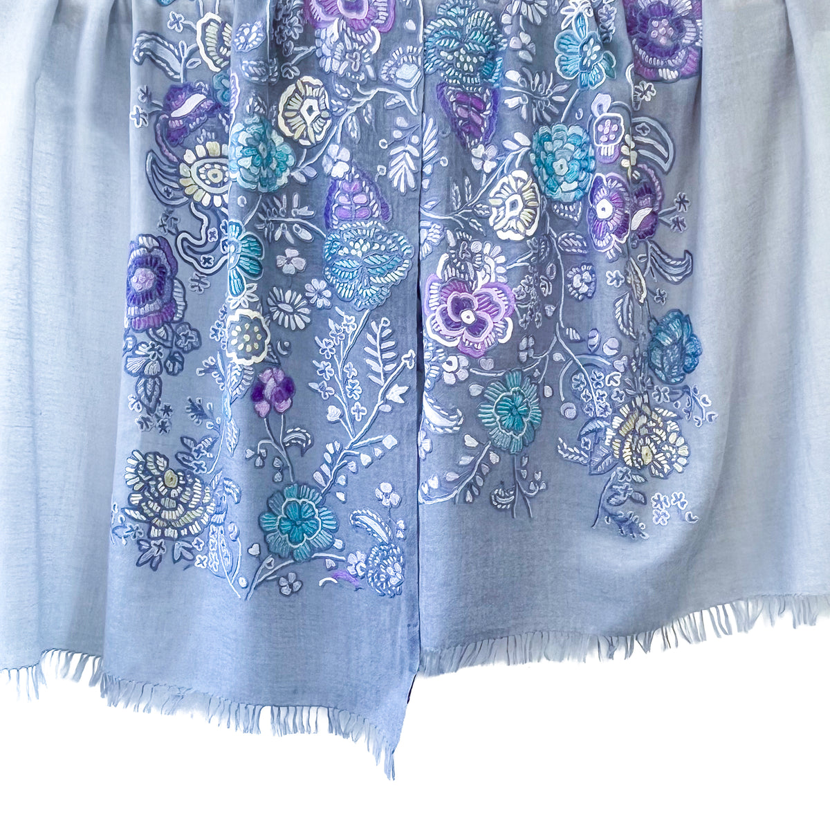 薄手ウール&シルク アリー手刺繍ストール (グレーグラデーション)