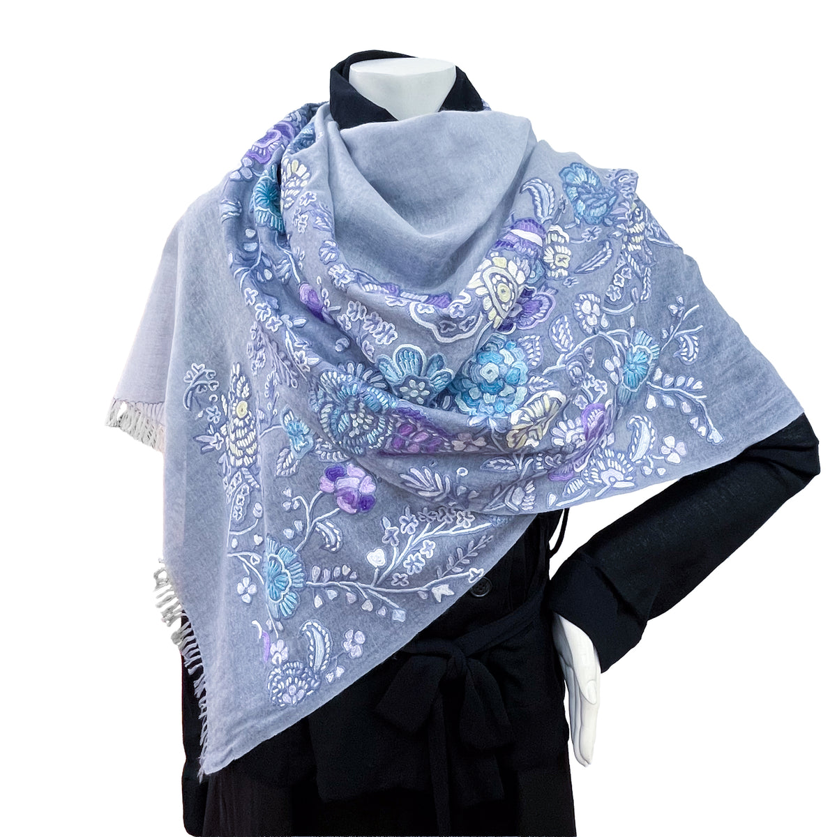 薄手ウール&シルク アリー手刺繍ストール (グレーグラデーション)