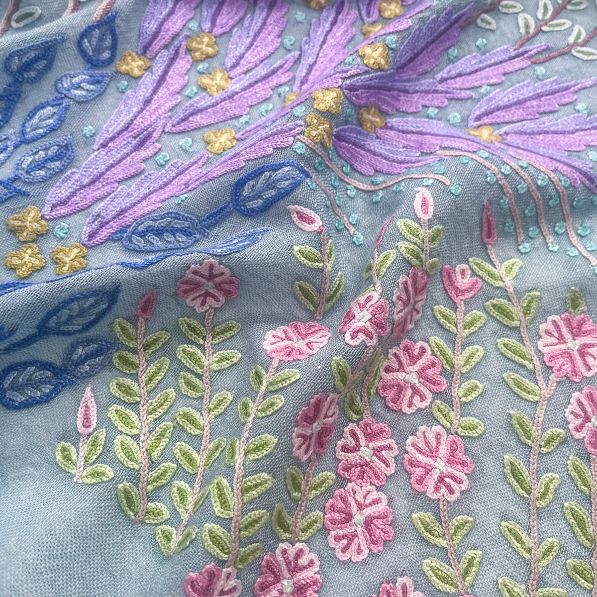 Spring Garden 薄手ウール&シルク アリー手刺繍ストール (ブルーグリーン)