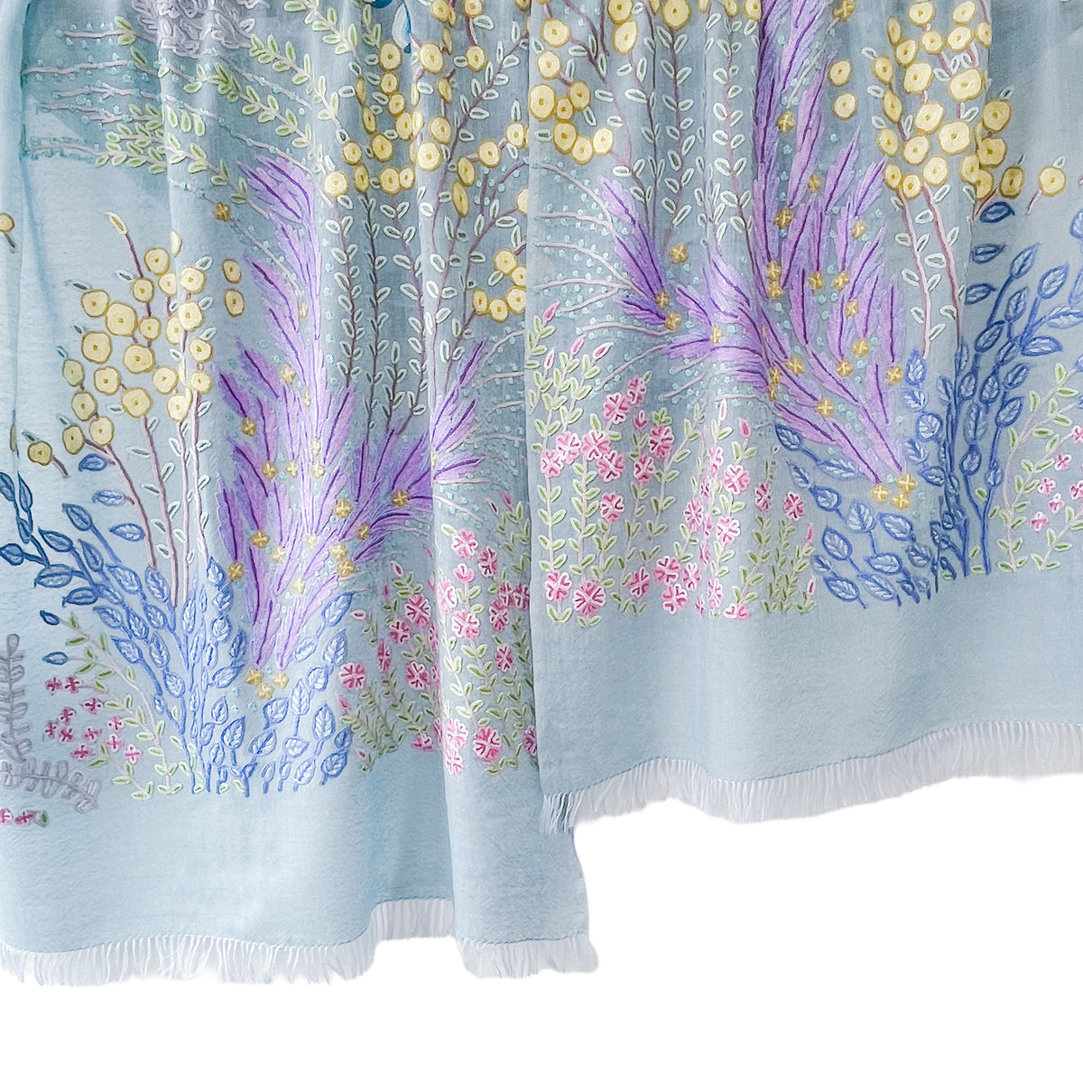 Spring Garden 薄手ウール&シルク アリー手刺繍ストール (ブルーグリーン)
