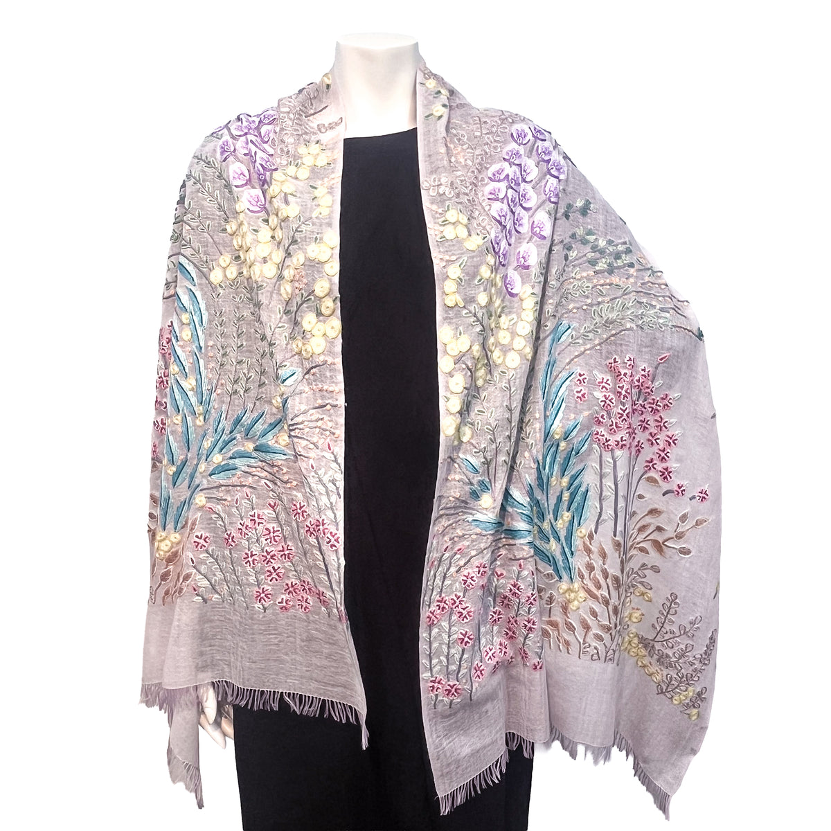 Spring Garden 薄手ウール&シルク アリー手刺繍ストール (ラベンダー)