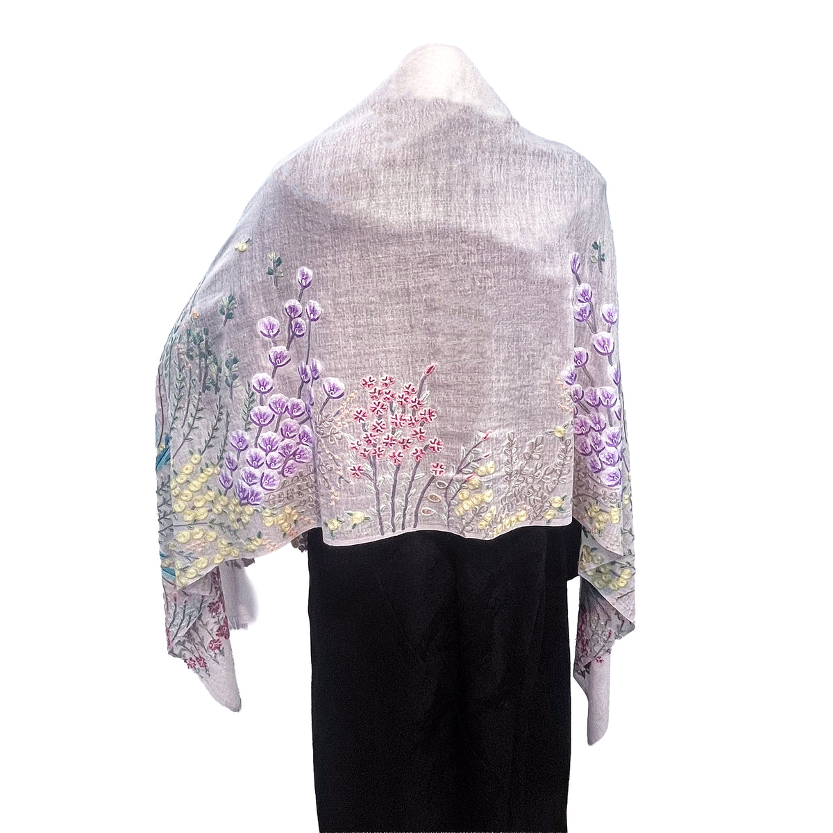 Spring Garden 薄手ウール&シルク アリー手刺繍ストール (ラベンダー)
