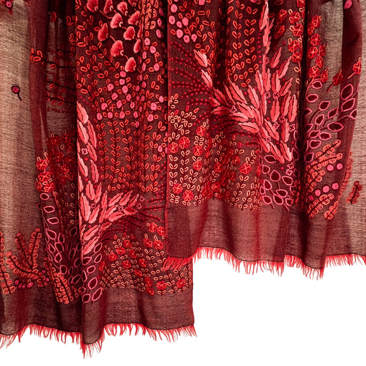 Spring Garden  薄手ウール&シルク アリー手刺繍ストール (ダークレッド/レッド)