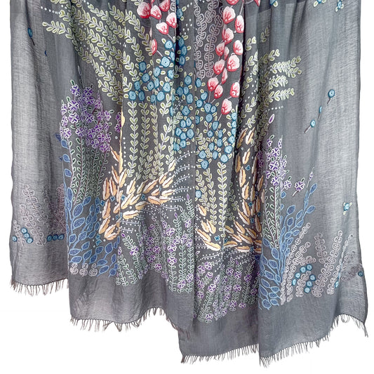 Flower motif thin wool & silk Allie hand embroidered stole 60cm x 185cm (dark purple) S-WTA8002_0123