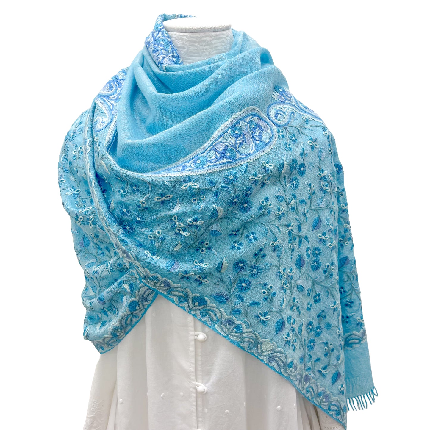 Flower&Paisley 薄手ウール&シルク アリー手刺繍ストール(ライトターコイズ)