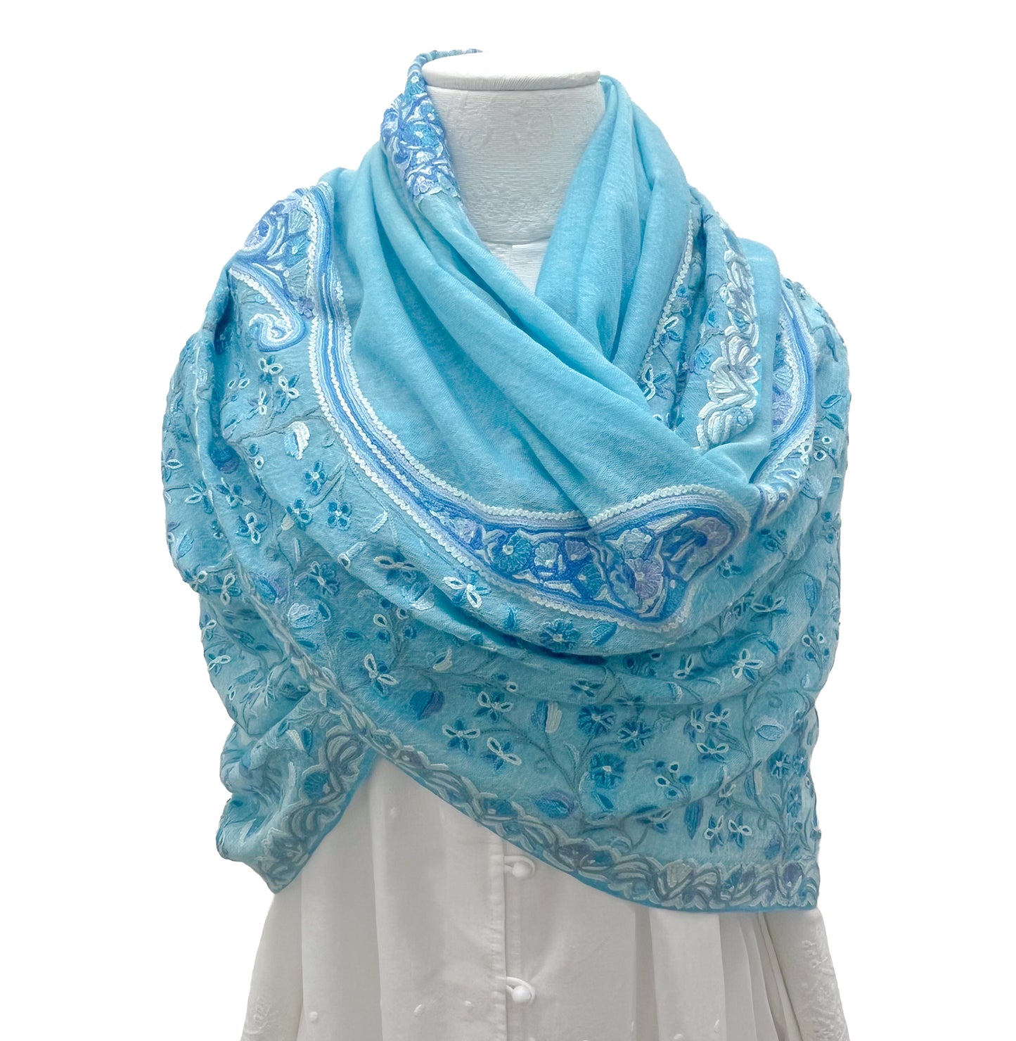 Flower&Paisley 薄手ウール&シルク アリー手刺繍ストール(ライトターコイズ)