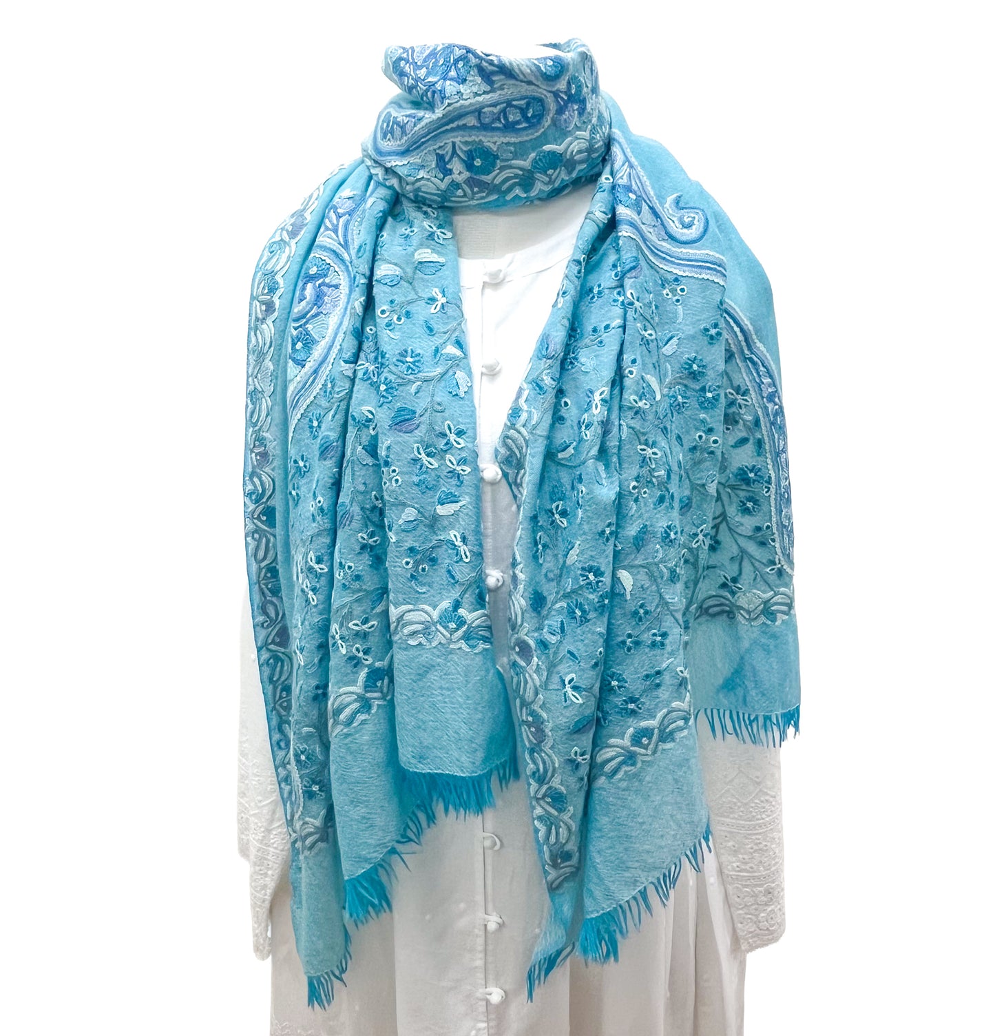 Flower&Paisley 薄手ウール&シルク アリー手刺繍ストール(ライトターコイズ)