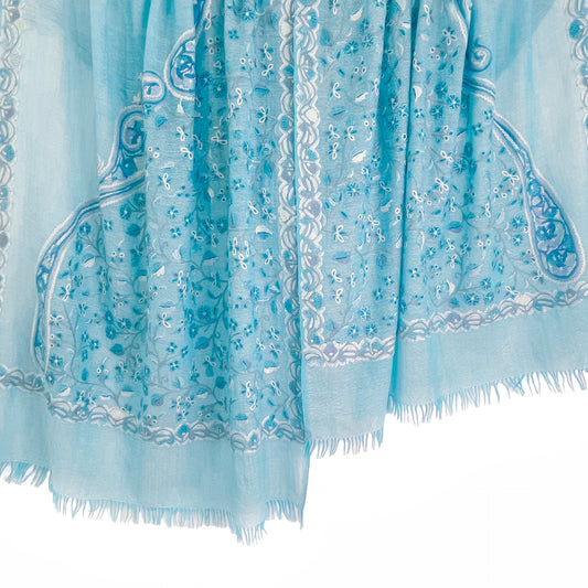 Flower&Paisley 薄手ウール&シルク アリー手刺繍ストール(ライトターコイズ)