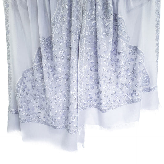 Flower&Paisley 薄手ウール&シルク アリー手刺繍ストール(ライトグレー)