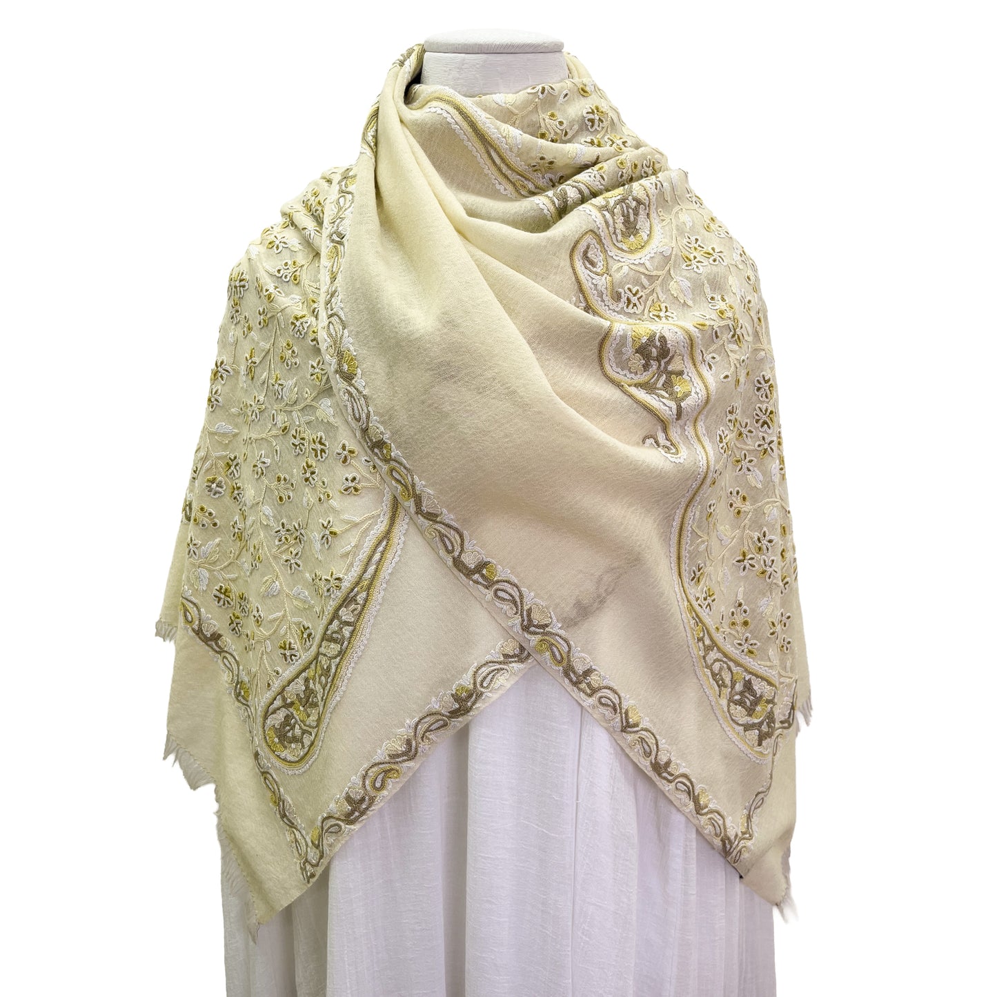 Flower&Paisley 薄手ウール&シルク アリー手刺繍ストール(ライトイエロー)