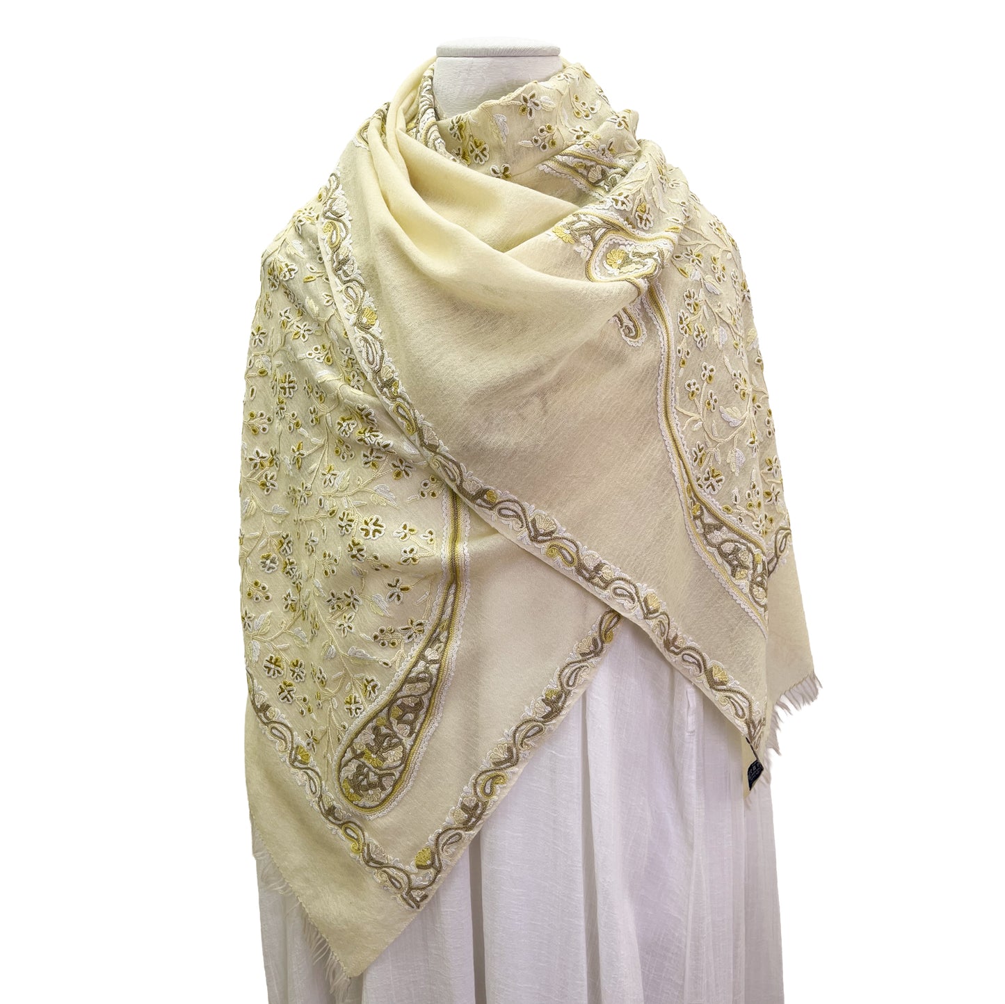 Flower&Paisley 薄手ウール&シルク アリー手刺繍ストール(ライトイエロー)