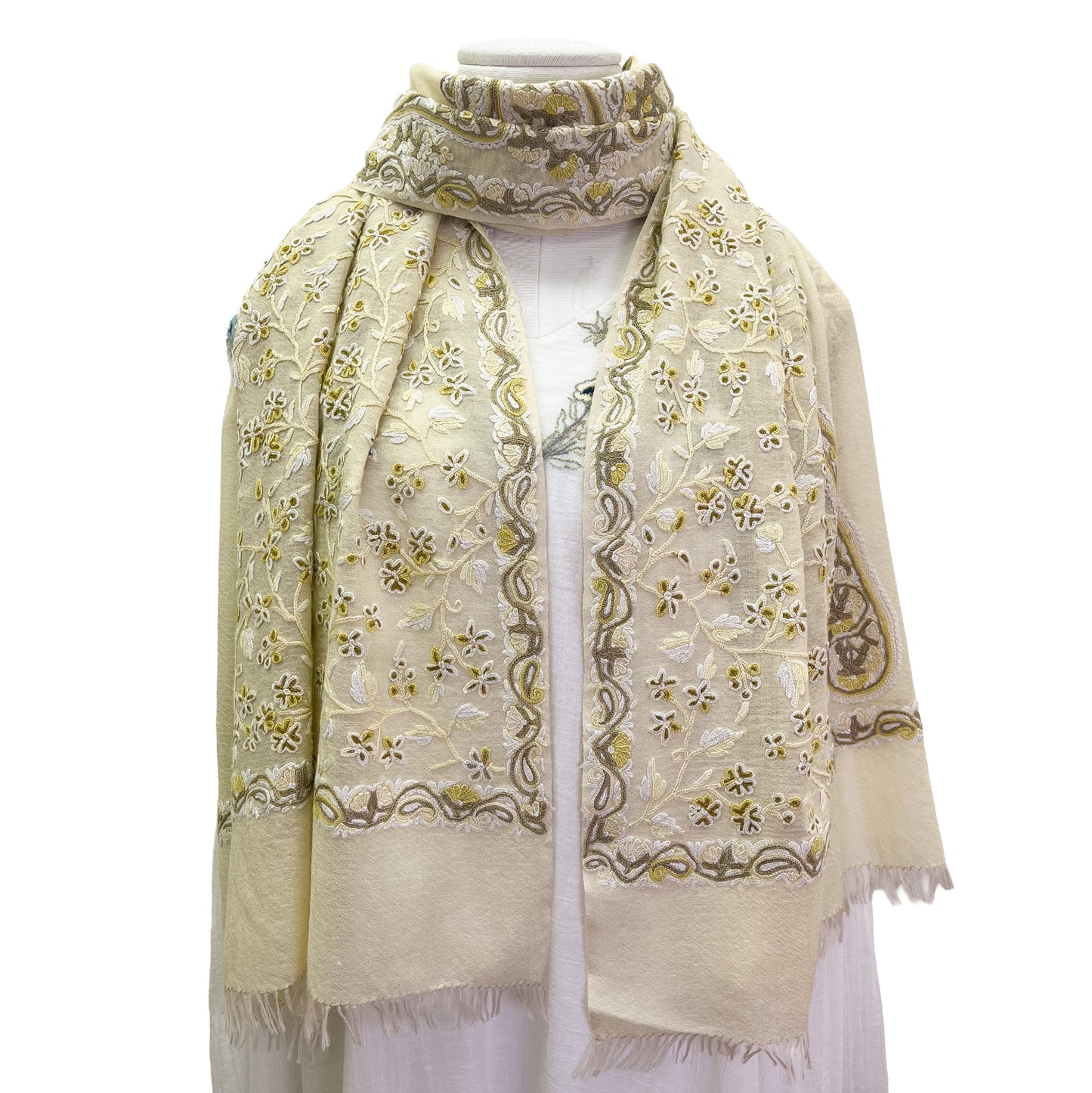 Flower&Paisley 薄手ウール&シルク アリー手刺繍ストール(ライトイエロー)