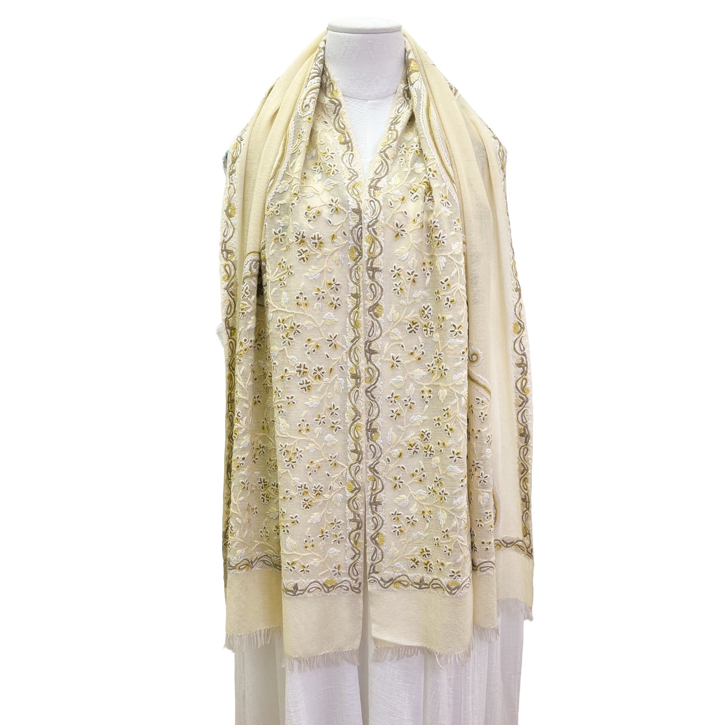 Flower&Paisley 薄手ウール&シルク アリー手刺繍ストール(ライトイエロー)
