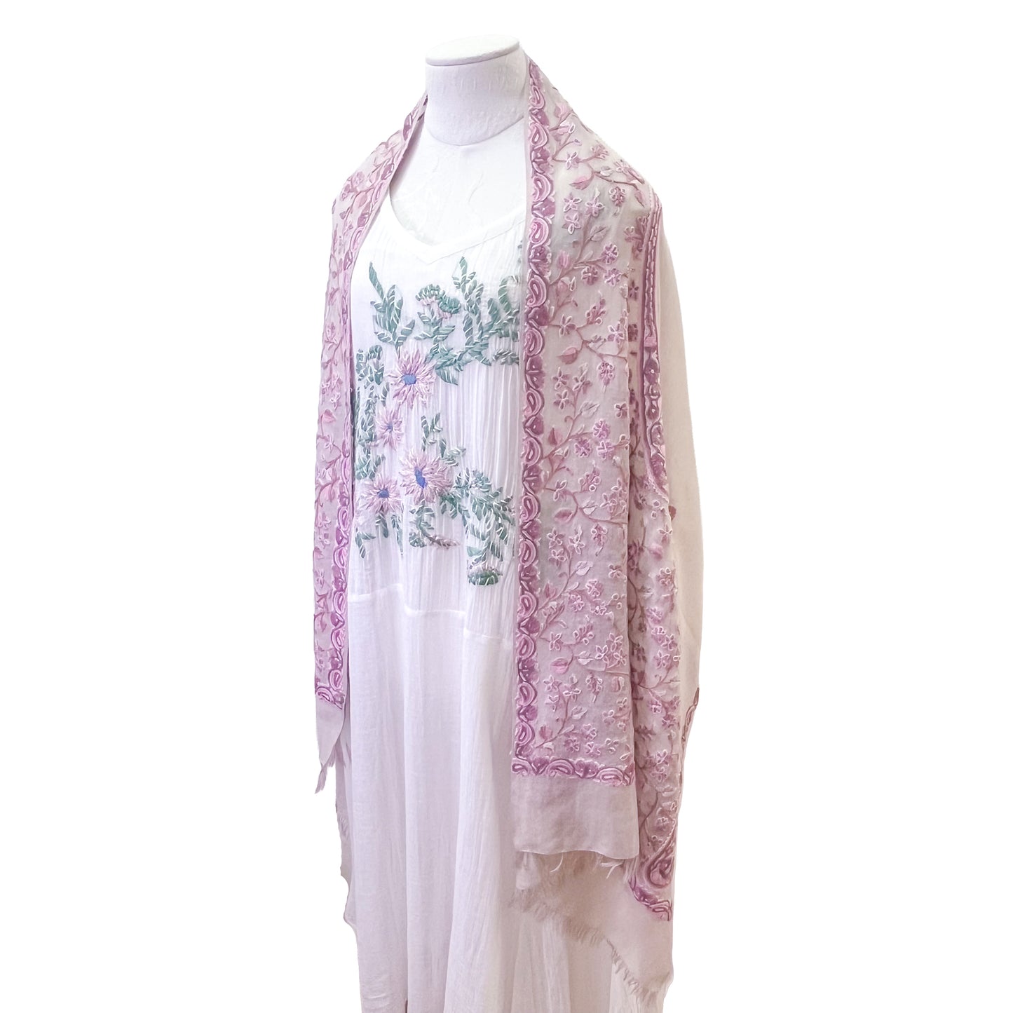 Flower&Paisley 薄手ウール&シルク アリー手刺繍ストール(ピンクベージュアソーテッド)