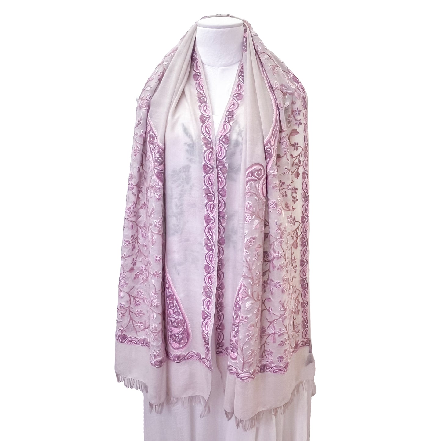 Flower&Paisley 薄手ウール&シルク アリー手刺繍ストール(ピンクベージュアソーテッド)