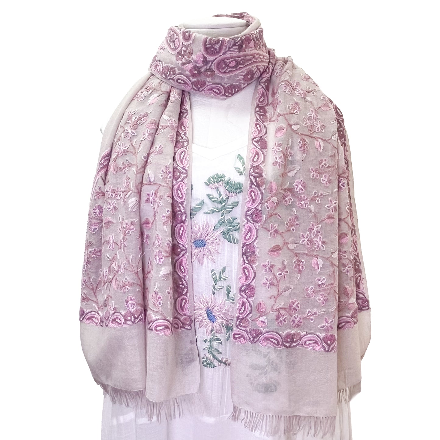 Flower&Paisley 薄手ウール&シルク アリー手刺繍ストール(ピンクベージュアソーテッド)