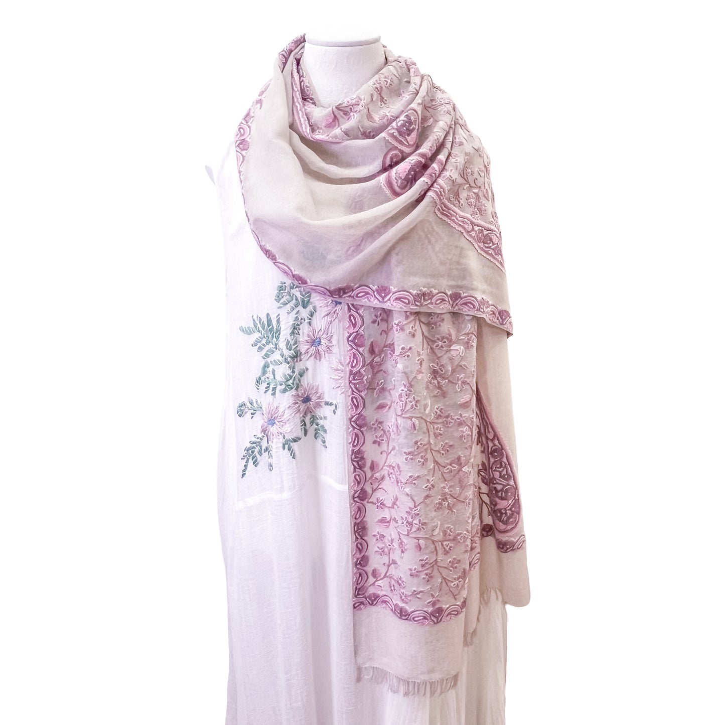 Flower&Paisley 薄手ウール&シルク アリー手刺繍ストール(ピンクベージュアソーテッド)