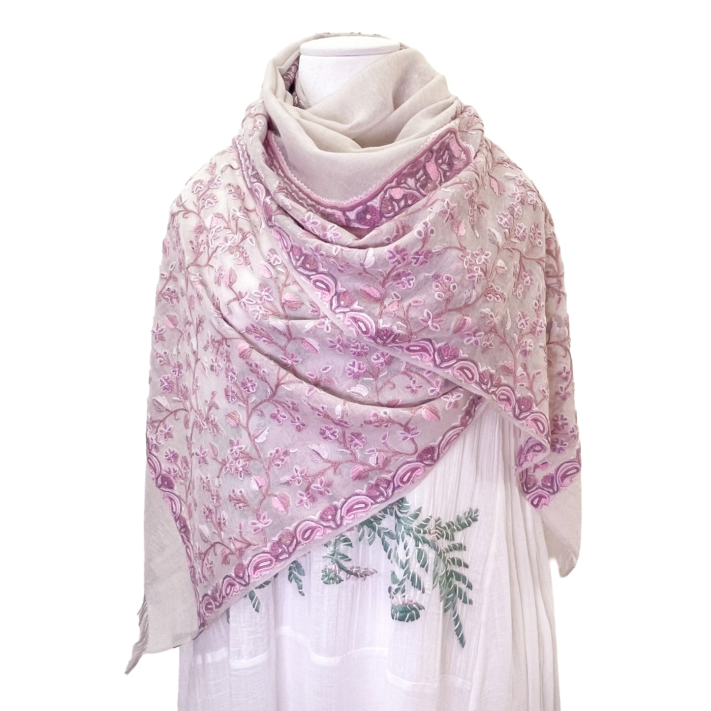 Flower&Paisley 薄手ウール&シルク アリー手刺繍ストール(ピンクベージュアソーテッド)