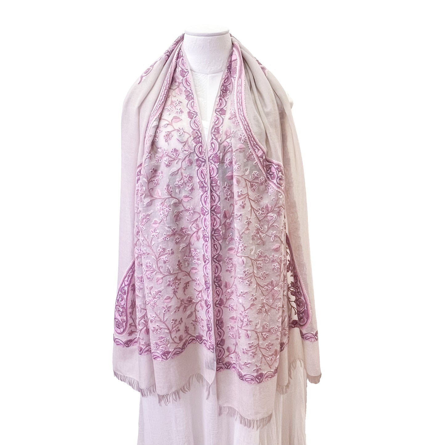 Flower&Paisley 薄手ウール&シルク アリー手刺繍ストール(ピンクベージュアソーテッド)