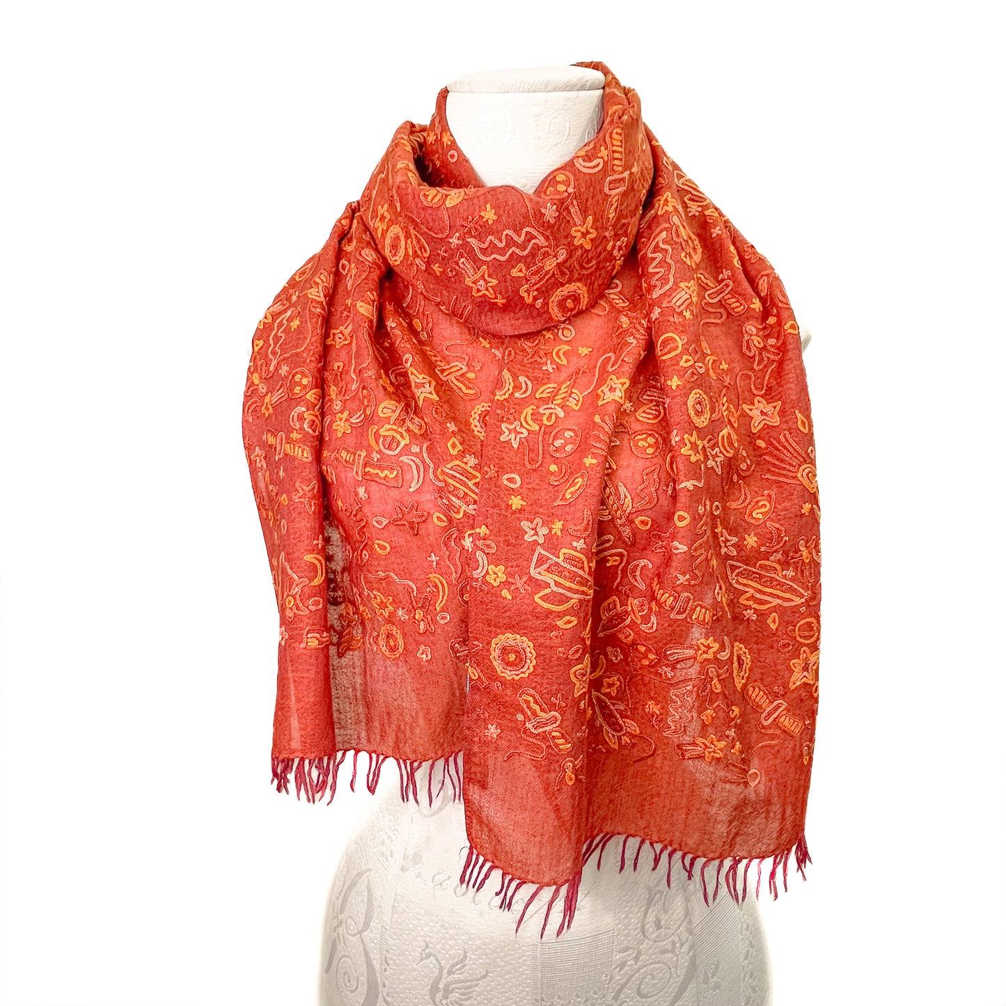 SPACE ODYSSEY ウール&シルク 手刺繍ストール (オレンジ)