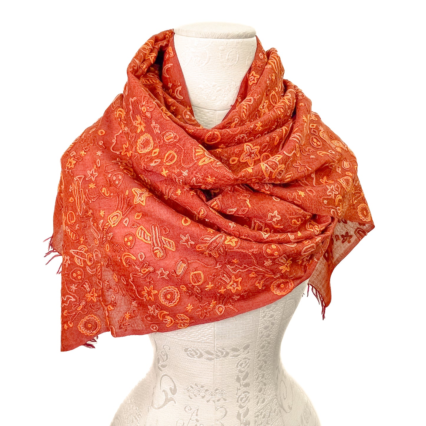 SPACE ODYSSEY ウール&シルク 手刺繍ストール (オレンジ)