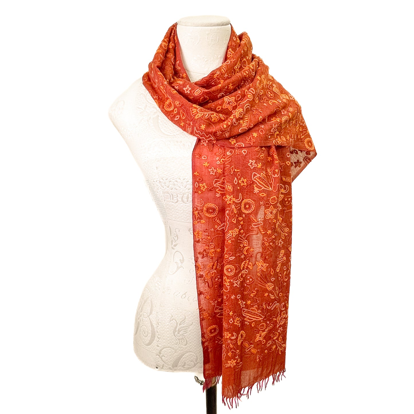 SPACE ODYSSEY ウール&シルク 手刺繍ストール (オレンジ)