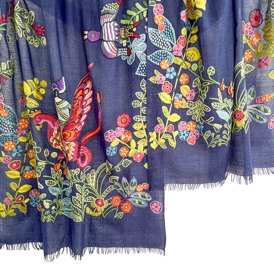 アバターモチーフ ウール&シルク アリー手刺繍ストール (ネイビー)