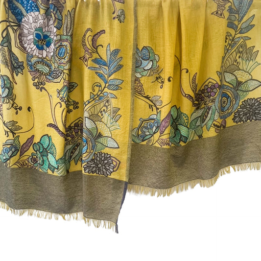 薄手ウール&シルク アリー手刺繍ストール(マスタード)