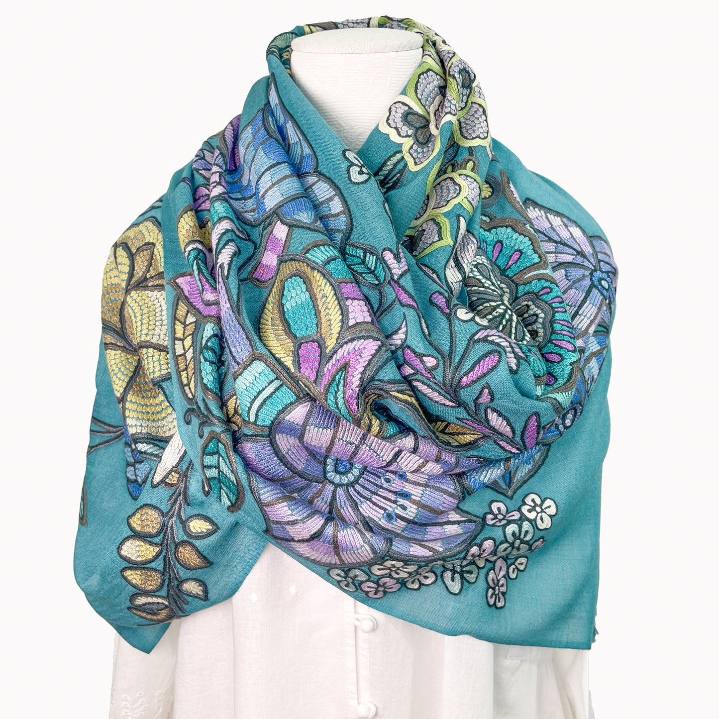 DARK FLOWER 薄手ウール&シルク アリー手刺繍ストール (ターコイズ)