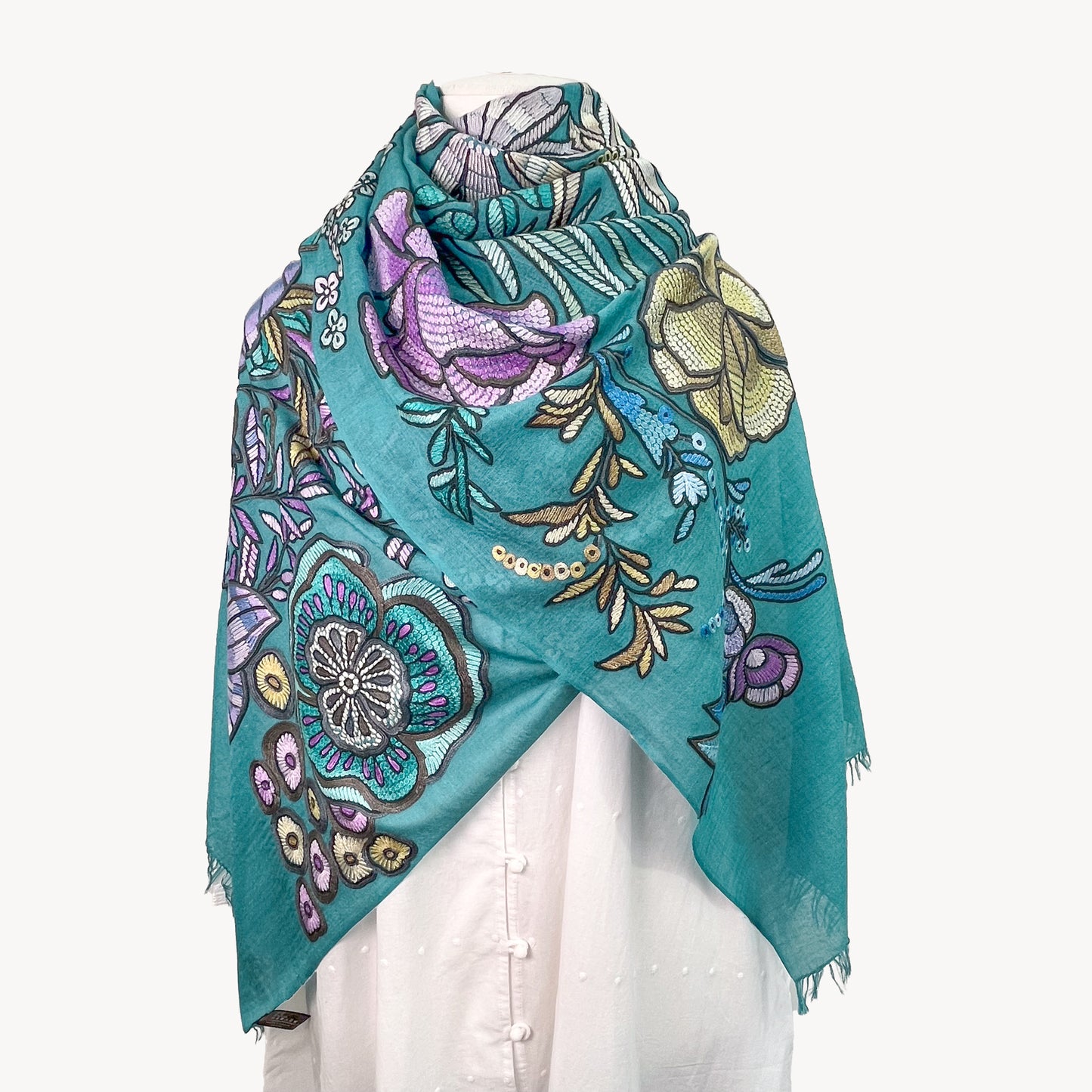 DARK FLOWER 薄手ウール&シルク アリー手刺繍ストール (ターコイズ)