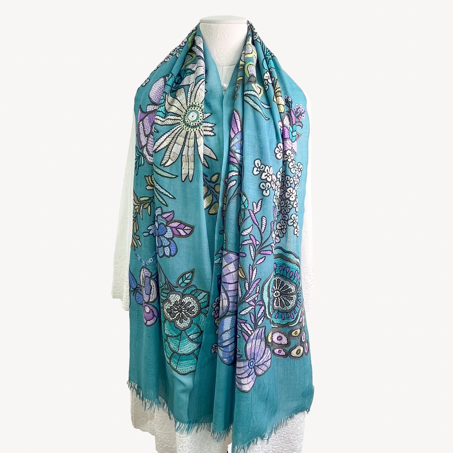 DARK FLOWER 薄手ウール&シルク アリー手刺繍ストール (ターコイズ)