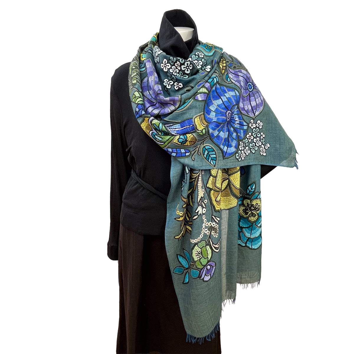 DARK FLOWER 薄手ウール&シルク アリー手刺繍ストール (ダークグリーン)