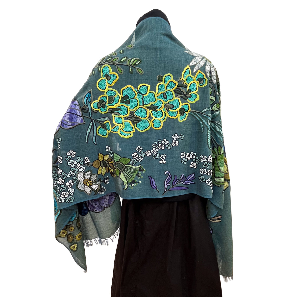 DARK FLOWER 薄手ウール&シルク アリー手刺繍ストール (ダークグリーン)