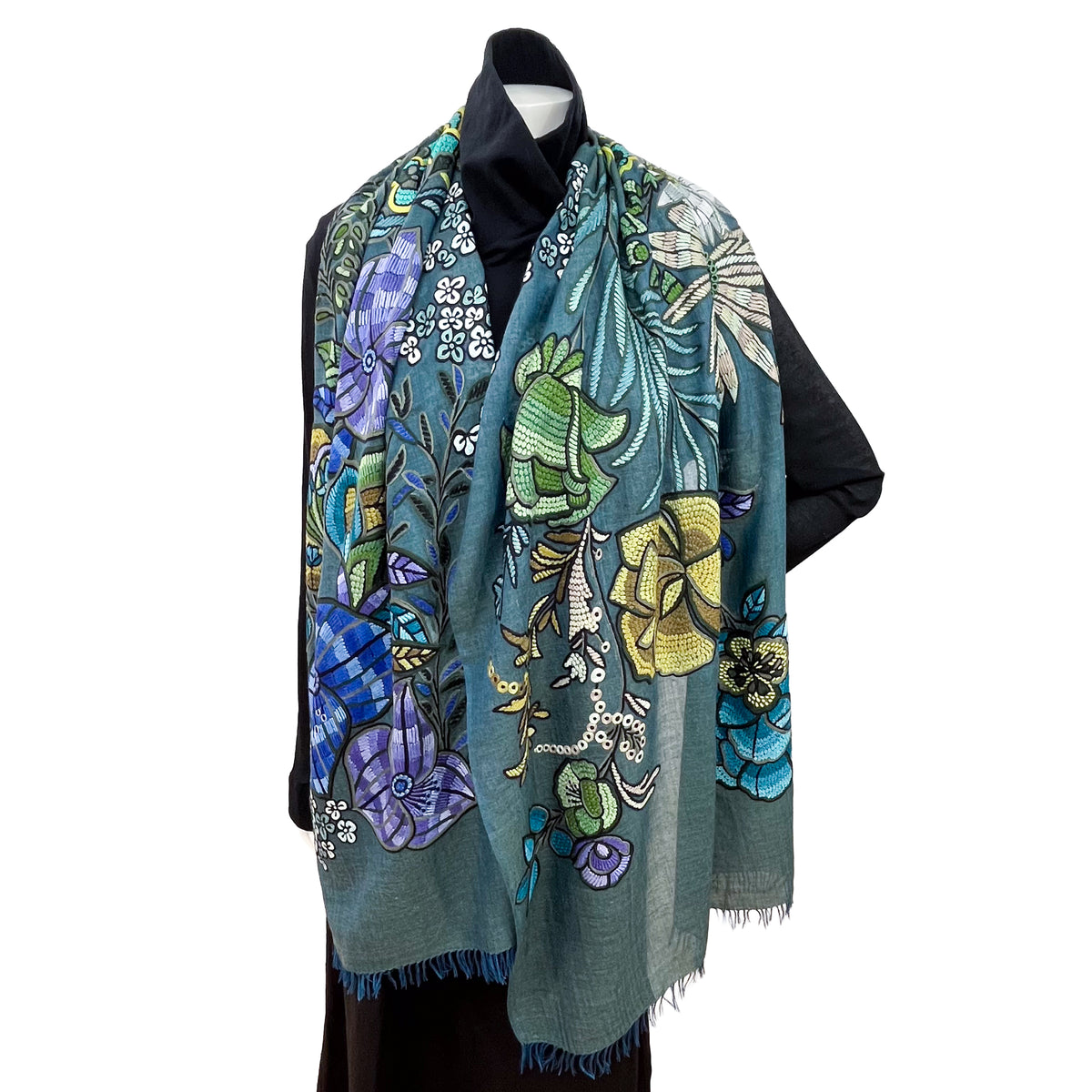 DARK FLOWER 薄手ウール&シルク アリー手刺繍ストール (ダークグリーン)