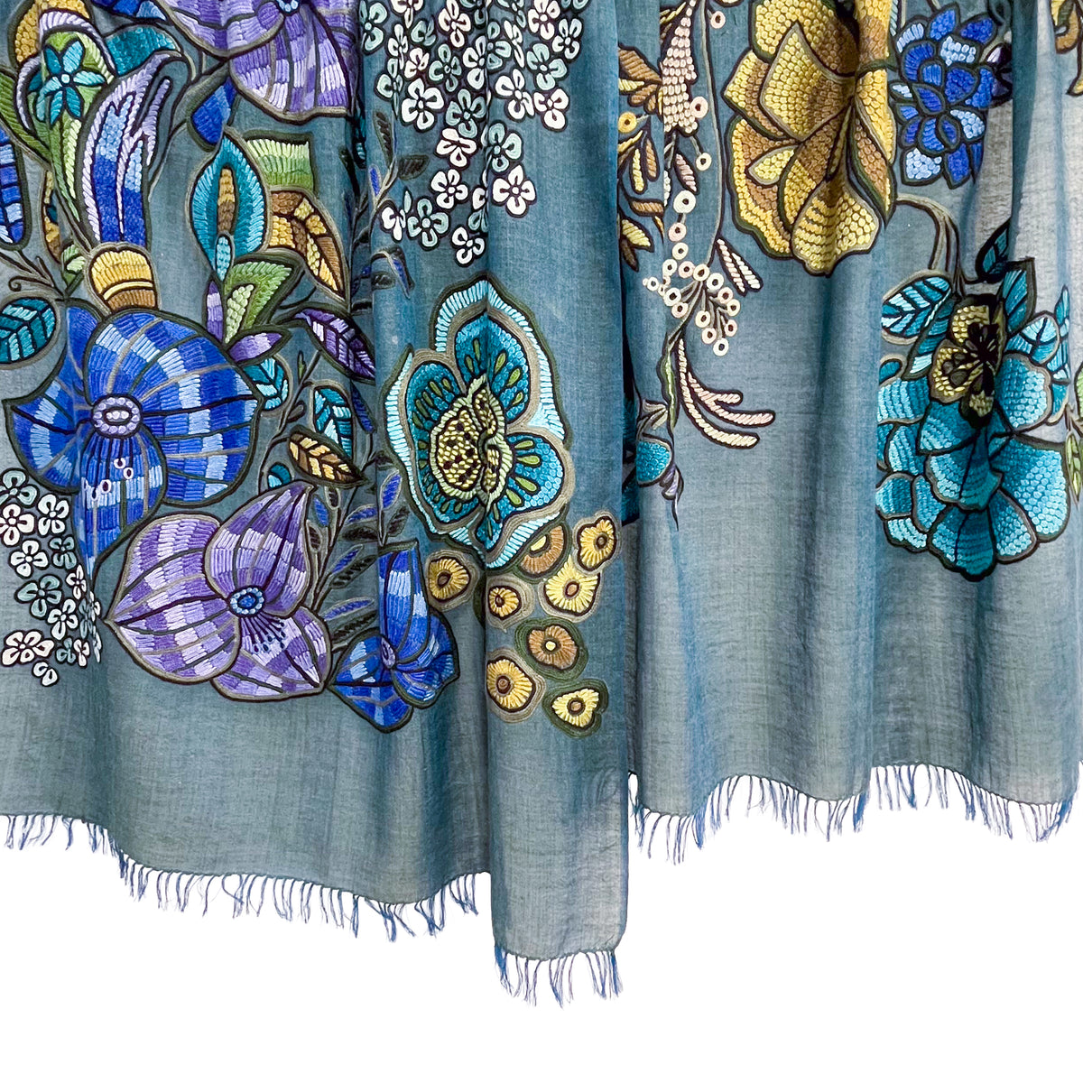DARK FLOWER 薄手ウール&シルク アリー手刺繍ストール (ダークグリーン)