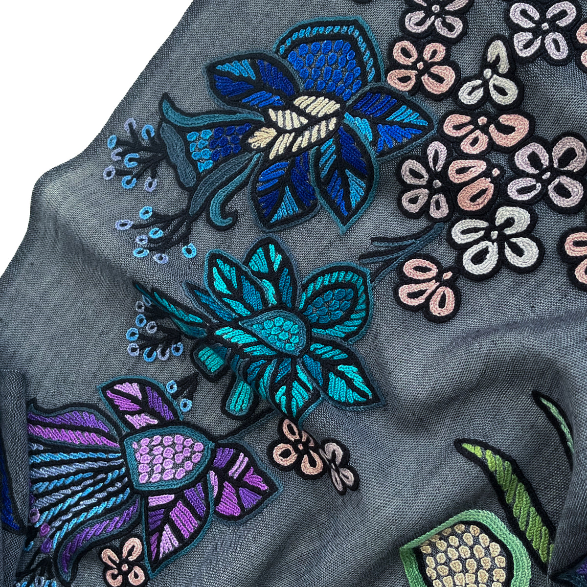 DARK FLOWER 薄手ウール&シルク アリー手刺繍ストール (ダークグレー)