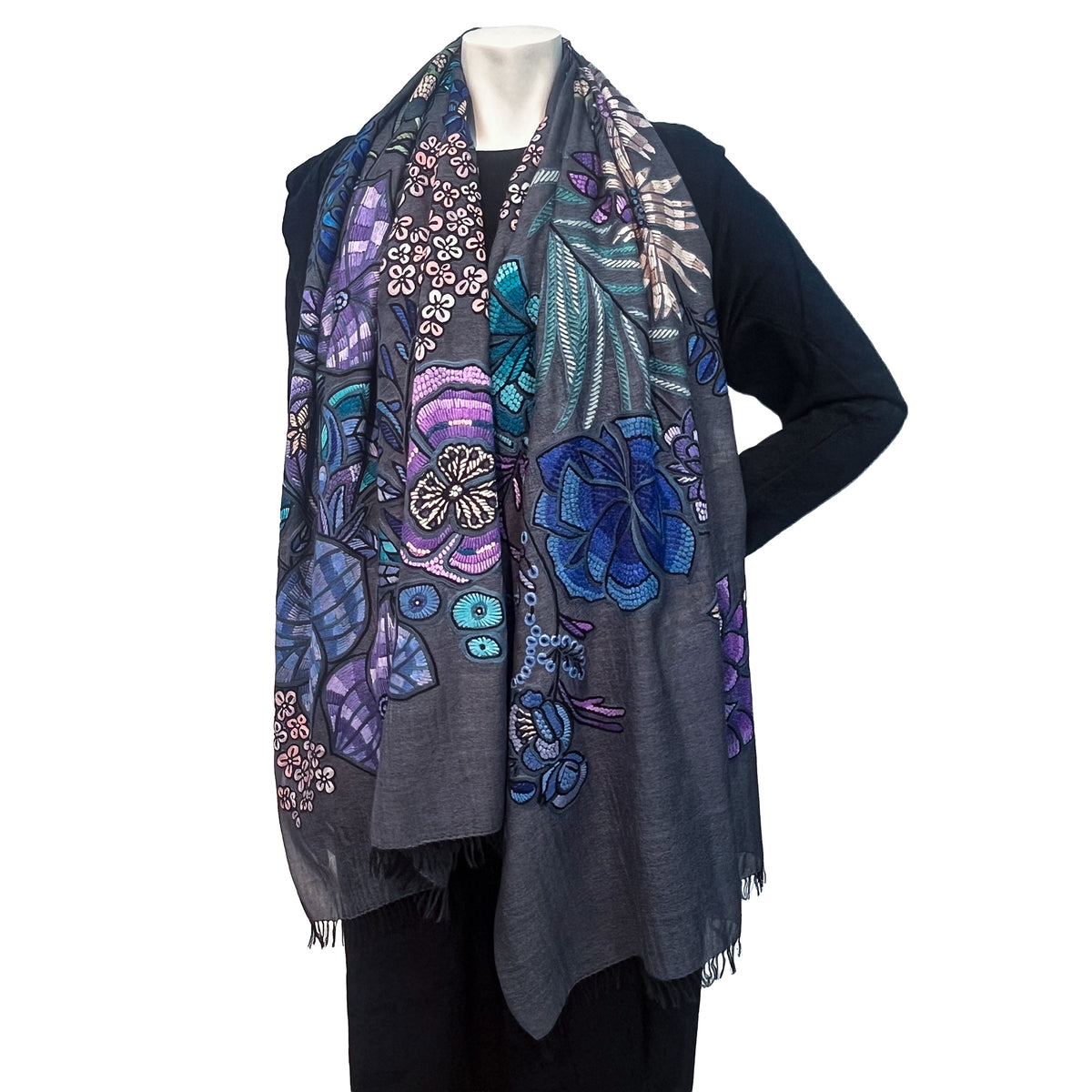 DARK FLOWER 薄手ウール&シルク アリー手刺繍ストール (ダークグレー)