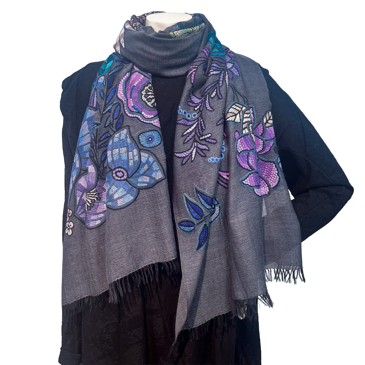 DARK FLOWER 薄手ウール&シルク アリー手刺繍ストール (ダークグレー)