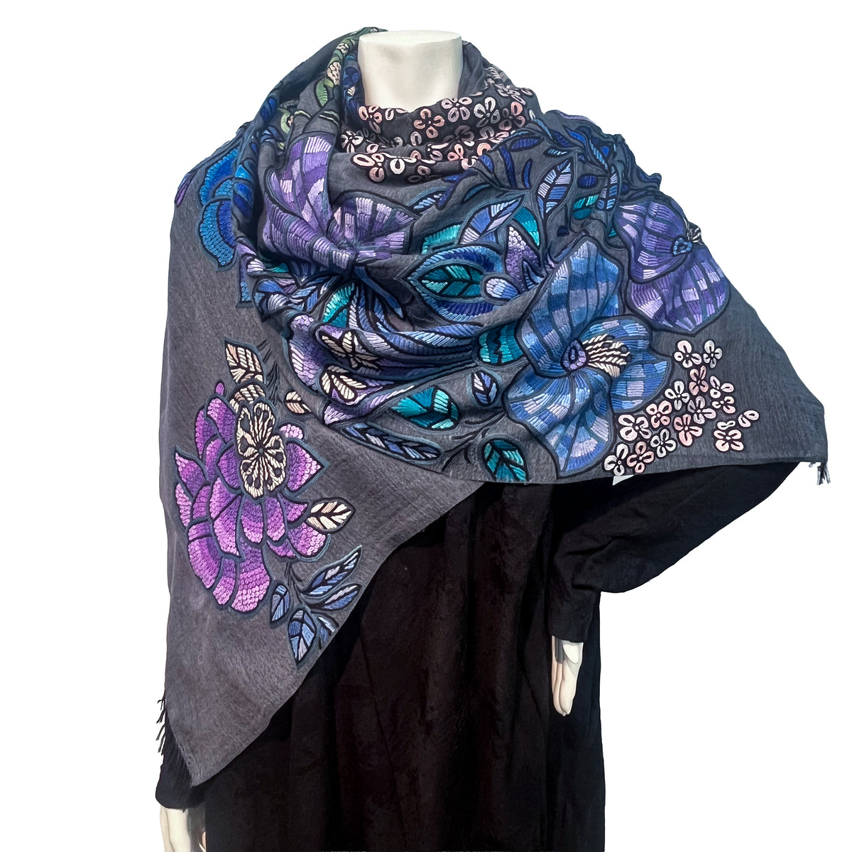 DARK FLOWER 薄手ウール&シルク アリー手刺繍ストール (ダークグレー)